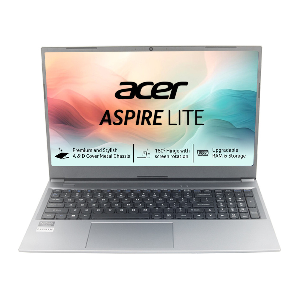 Unboxed Acer Aspire Lite laptop in steel grey with 15.6-inch FHD display, AMD Ryzen 3, 8GB RAM, 512GB SSD, metal body, Windows 11.