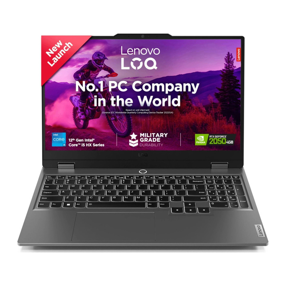 Lenovo LOQ gaming laptop with 15.6-inch FHD display, NVIDIA RTX 2050 GPU, 12th Gen Intel Core i5, 12GB RAM, 512GB SSD, Windows 11