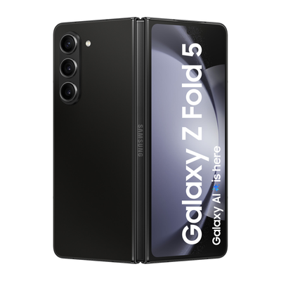 Samsung Galaxy Z Fold5 5G mobile phone with 12GB RAM, 512GB storage, triple camera, and foldable Dynamic AMOLED display in Phantom Black.