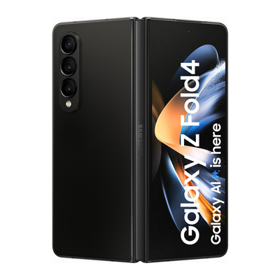 Samsung Galaxy Z Fold4 5G mobile phone with triple camera, 7.6" main display, Phantom Black color, and 12GB RAM.