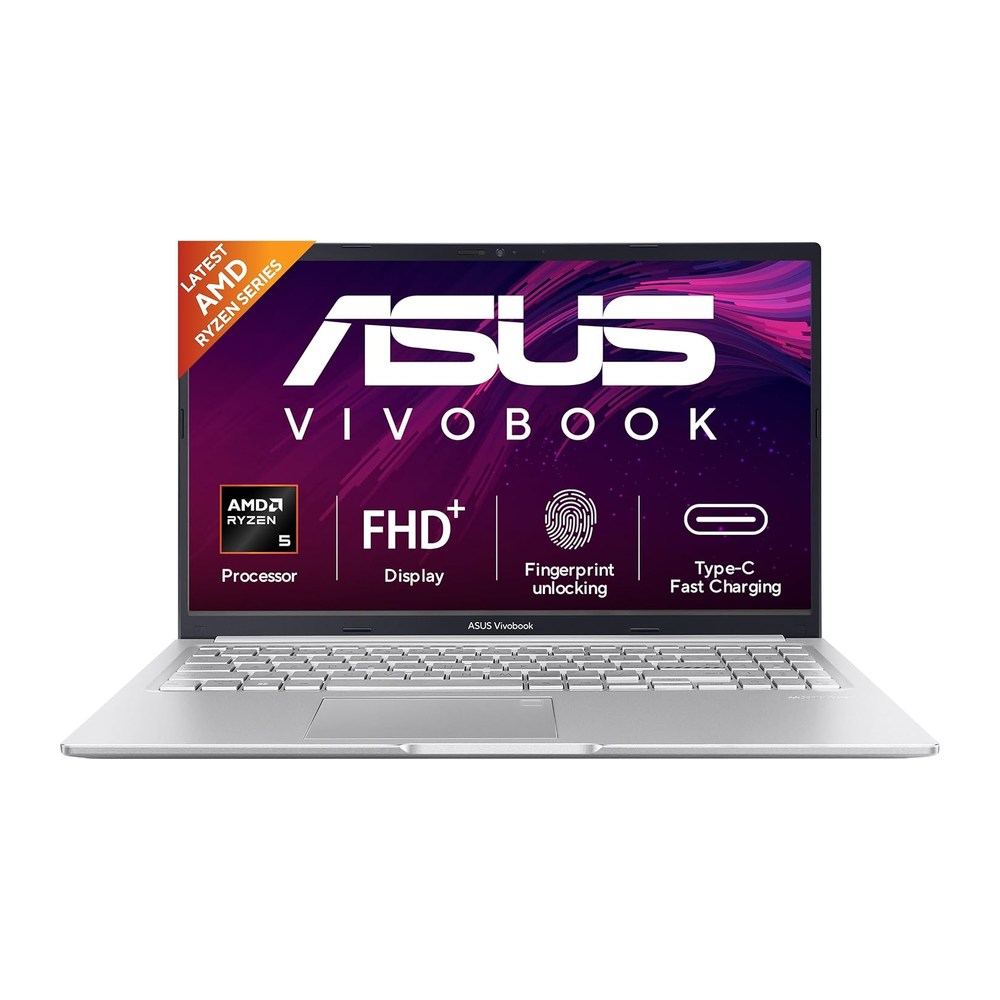 Unboxed ASUS Vivobook 15 (2026) laptop in cool silver with 15.6" FHD display, AMD Ryzen 5, 16GB RAM, 512GB SSD, fingerprint sensor.