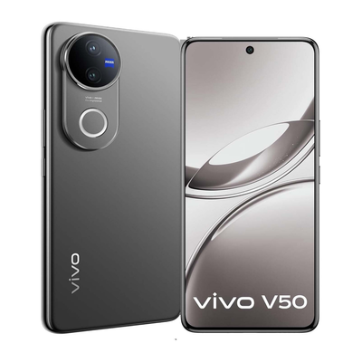Vivo V50 smartphone in grey with 6.77-inch quad curved AMOLED display, 50MP + 50MP ZEISS cameras, 8GB RAM, 256GB storage, 5G