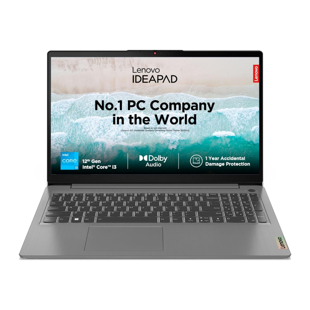Unboxed Lenovo IdeaPad Slim 3 laptop in Arctic Grey with 15.6-inch FHD display, 12th Gen Intel Core i3 and 8GB RAM.