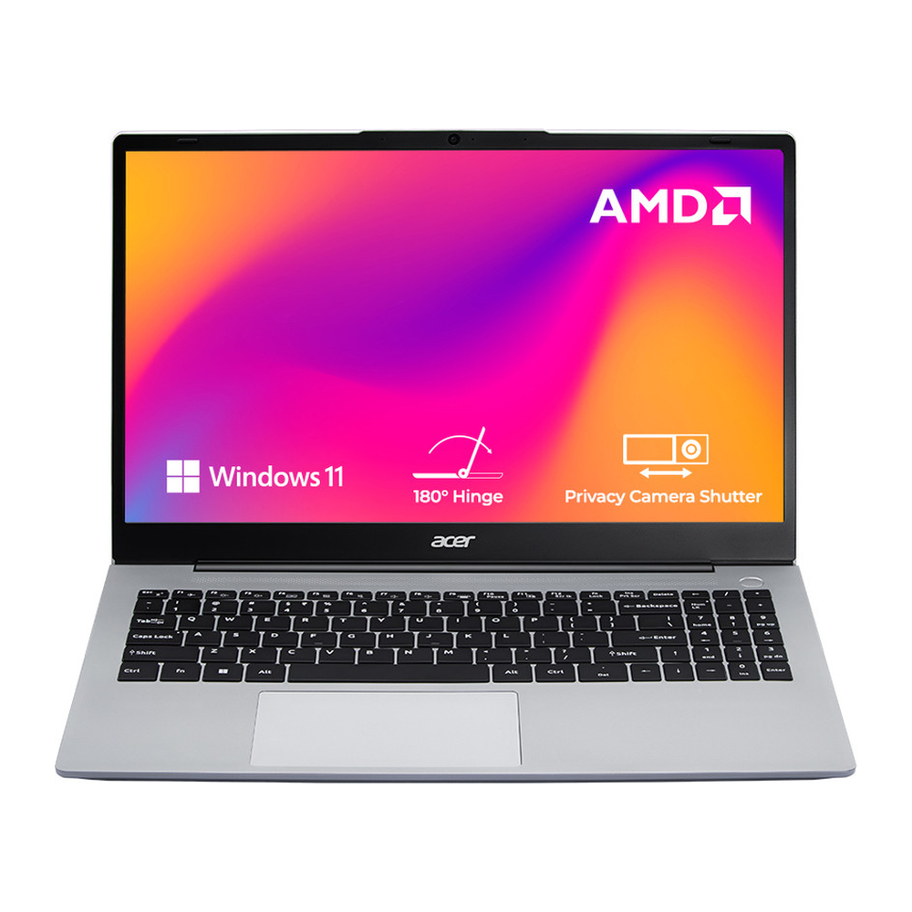 Unboxed Acer Aspire 3 laptop with AMD Ryzen 3, 15.6" FHD display, 8GB RAM, 512GB SSD, pure silver color, open with 180° hinge