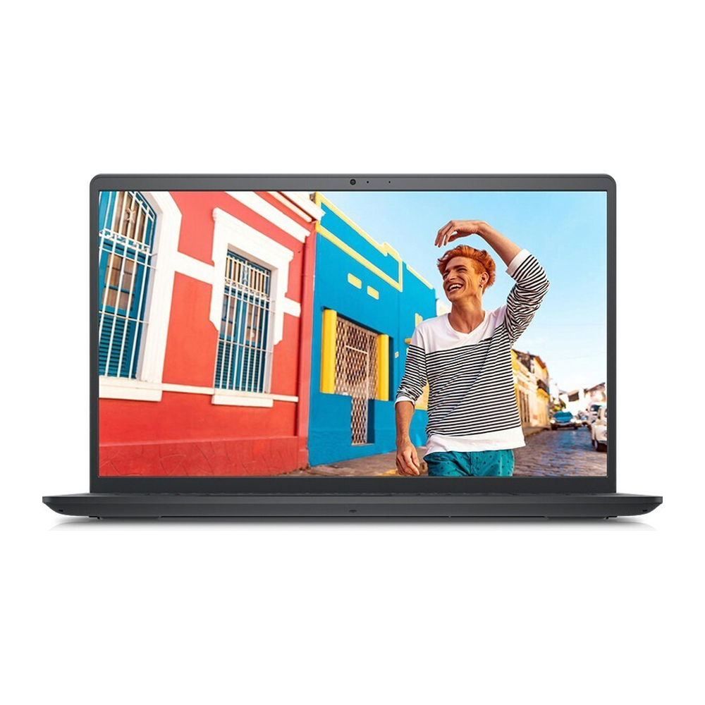 Unboxed Dell Inspiron 3515 laptop with AMD Ryzen 3, 15.6-inch FHD screen, black color, showing keyboard and ports.