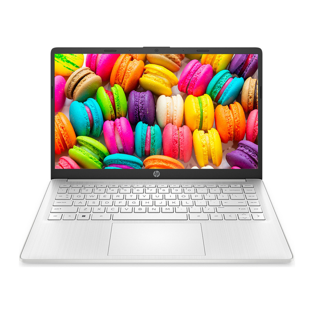 Unboxed HP 14 Thin and Light Laptop in natural silver, showing 14-inch FHD display and sleek design with Qualcomm Snapdragon processor.