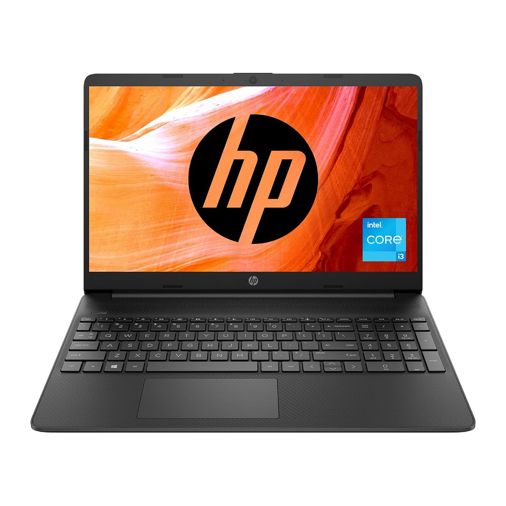 Unboxed HP 15s laptop with 11th Gen Intel Core i3, 15.6" HD display, 8GB RAM, 512GB SSD, black color, and built-in Alexa.