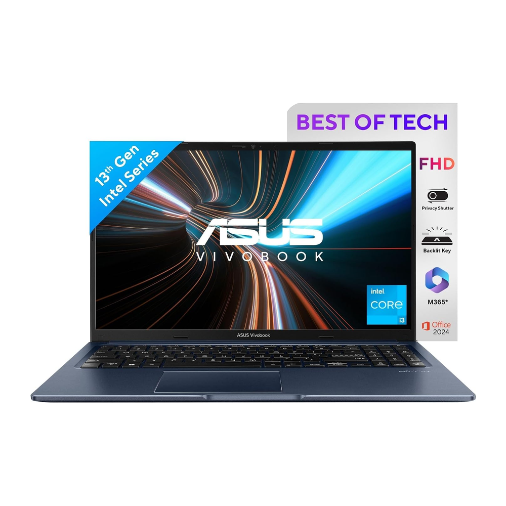 Unboxed ASUS Vivobook 15 laptop with 15.6-inch FHD screen, Intel Core i3, 512GB SSD, Windows 11, and Office Home 2024.