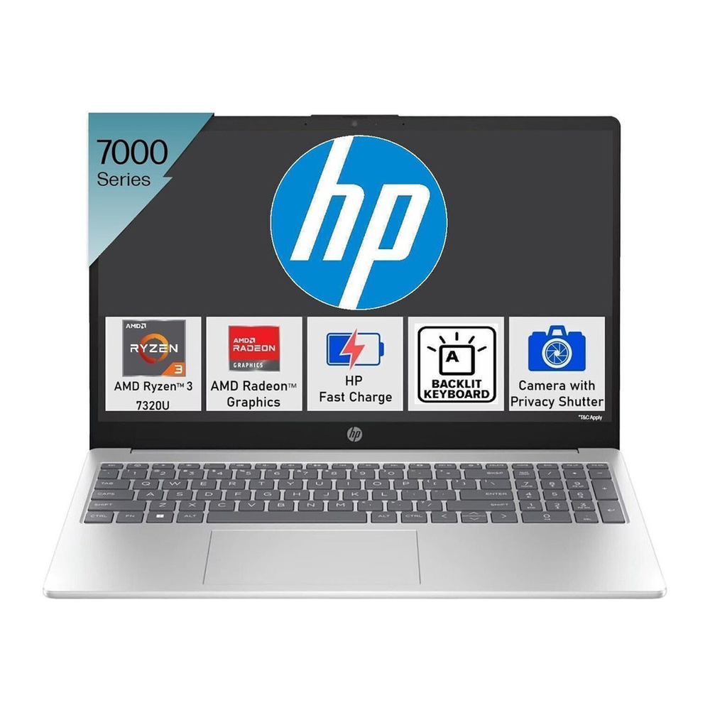 Unboxed HP 15 Laptop in natural silver with 15.6" FHD display, backlit keyboard, AMD Ryzen 3, 8GB RAM, 512GB SSD, Windows 11.