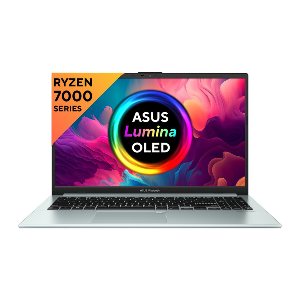 Unboxed ASUS Vivobook Go 15 OLED laptop with AMD Ryzen 3, 8GB RAM, 512GB SSD, 15.6-inch FHD OLED display, backlit keyboard.