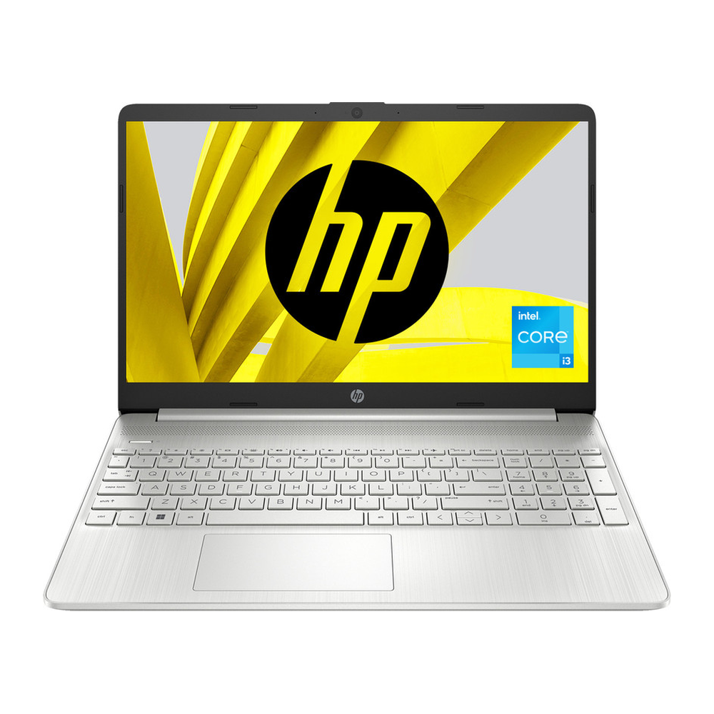Unboxed HP 15s laptop with 15.6-inch FHD display, Intel Core i3, 8GB RAM, 512GB SSD, silver color, showing keyboard and screen.