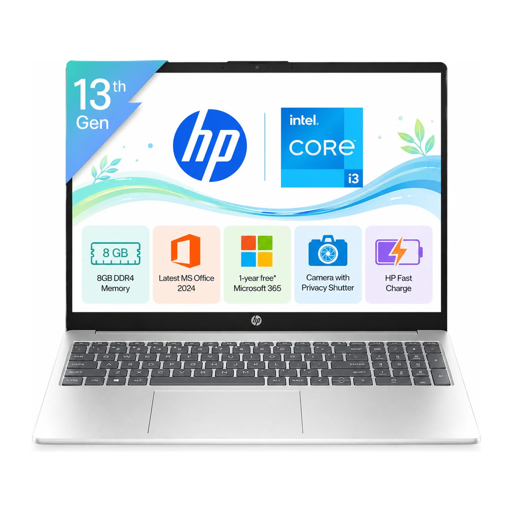 Get Like New HP 15 Thin and Light Laptop with 15.6-inch FHD display, Intel Core i3, SSD, and Windows 11 in silver.