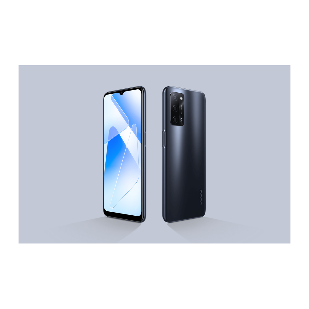 OPPO A53s 5G smartphone with 6.5-inch HD+ display, dual camera, Ink Black color, showing front view and camera details.