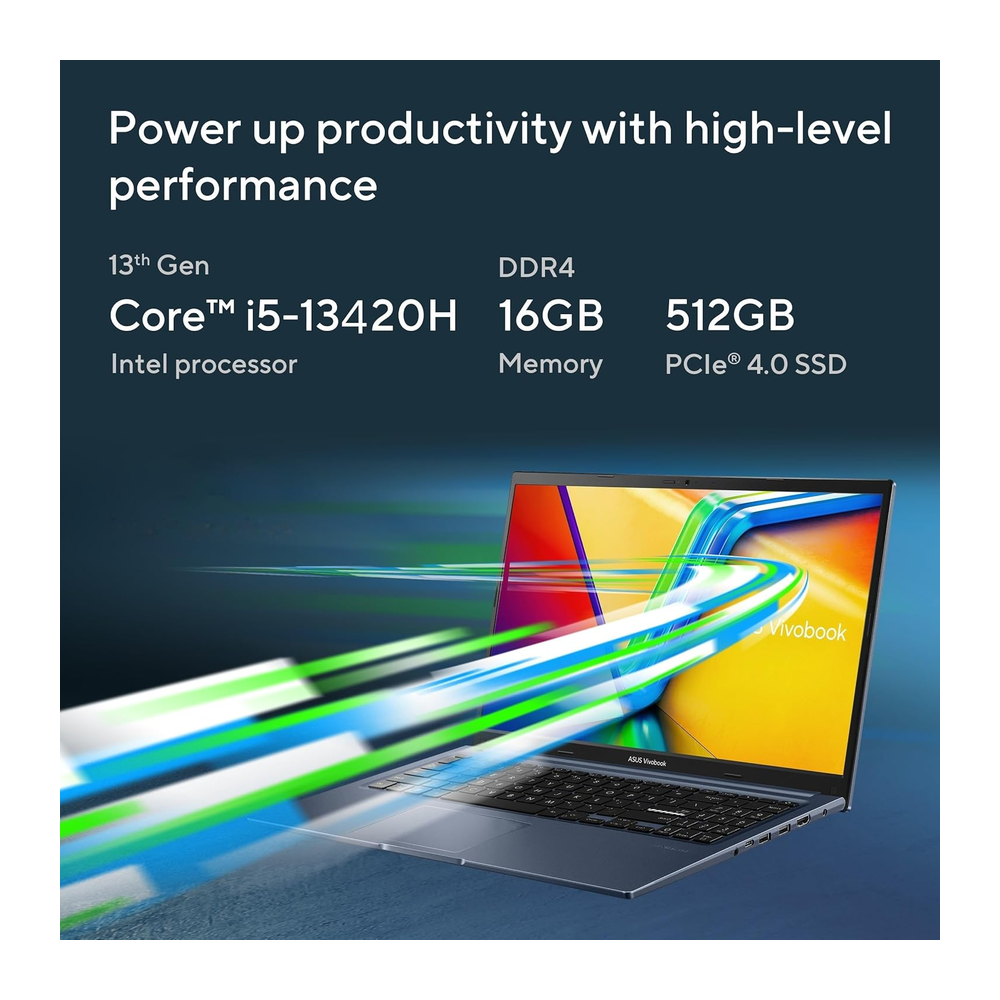 Unboxed ASUS Vivobook 15 laptop in Quiet Blue with 15.6" FHD display, 13th Gen Intel Core i5, 16GB RAM, 512GB SSD, Windows 11.