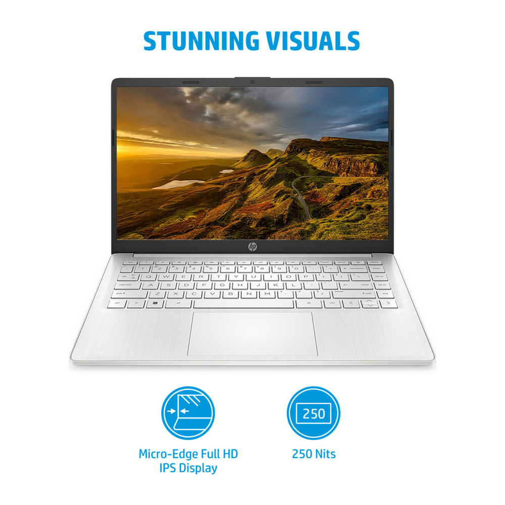 Unboxed HP 14 Thin and Light Laptop in natural silver with 14-inch FHD display, 8GB RAM, Snapdragon 7c, and Windows 11.