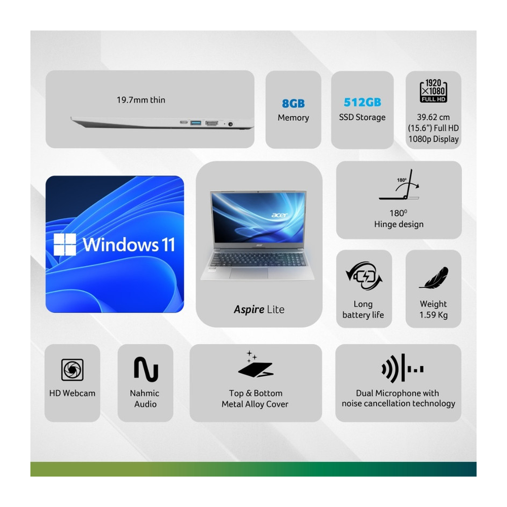 Unboxed Acer Aspire Lite laptop with 15.6-inch FHD display, AMD Ryzen 3, 16GB RAM, 512GB SSD, metal body in steel grey.