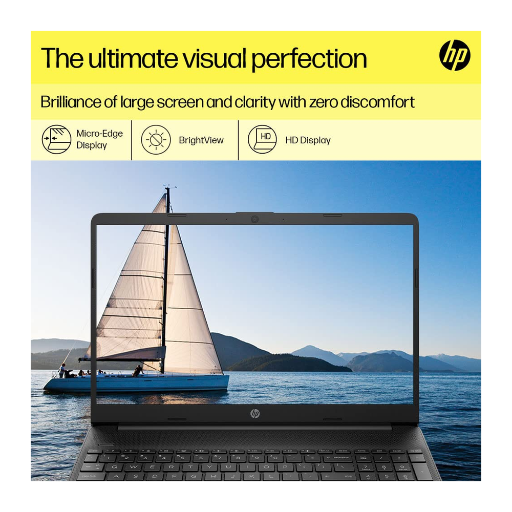 Unboxed HP 15s laptop in jet black with 15.6-inch HD display, Intel Core i3, 8GB RAM, 512GB SSD, numeric keypad, and Win 11.