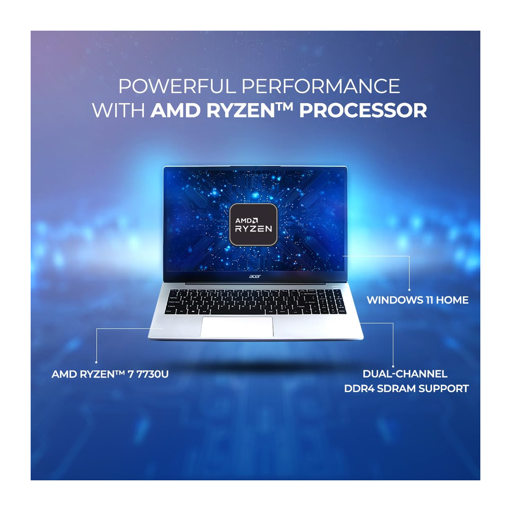 Unboxed Acer Aspire 3 laptop with AMD Ryzen 7, 16GB RAM, 512GB SSD, 15.6-inch FHD display, backlit keyboard, in silver.