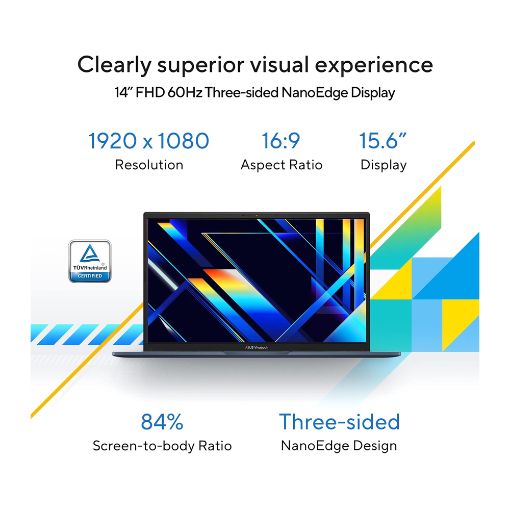 Unboxed ASUS Vivobook 15 laptop with 15.6" FHD anti-glare display, Intel Core i3, 512GB SSD, Windows 11, in natural lighting.