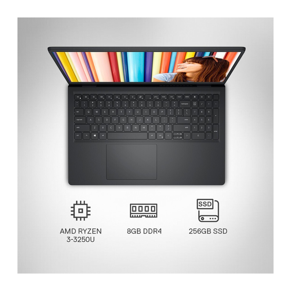Dell Inspiron 3515 laptop in carbon black with 15.6-inch FHD display, AMD Ryzen 3, 8GB RAM, 256GB SSD, unboxed.