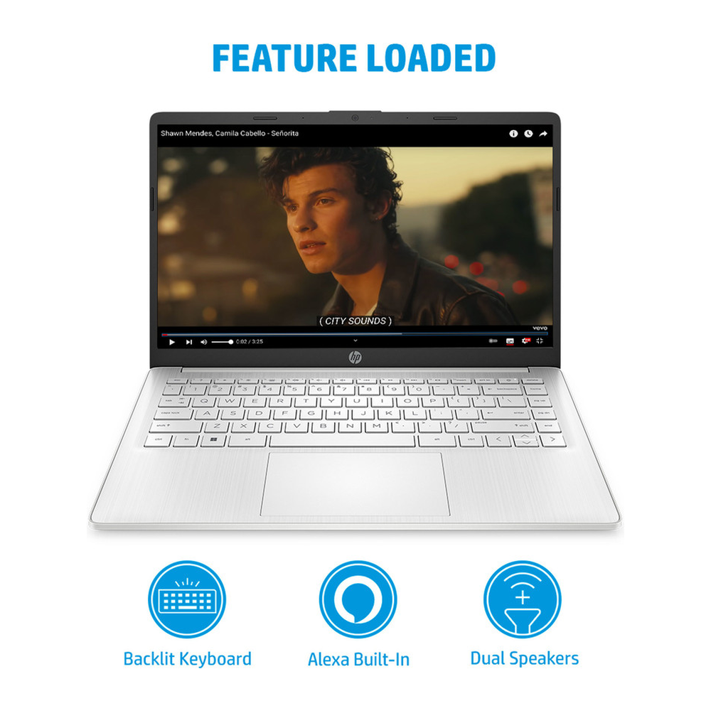 Unboxed HP 14 Thin and Light Laptop in natural silver with 14-inch FHD IPS display, 8GB RAM, Snapdragon processor, and Windows 11.