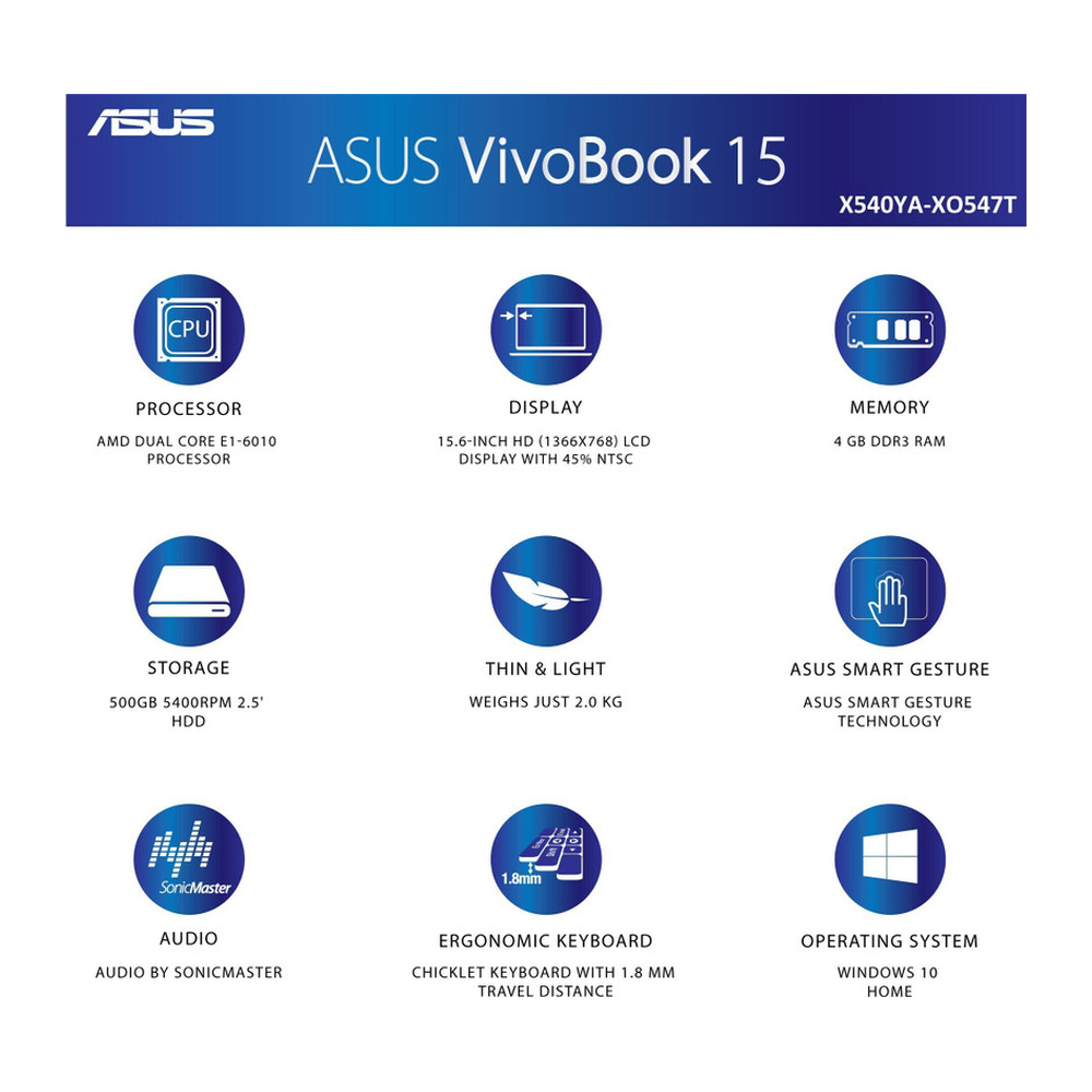Unboxed ASUS VivoBook 15 laptop in black with 15.6-inch HD anti-glare display, AMD APU dual-core, 4GB RAM, 500GB HDD, Windows 11