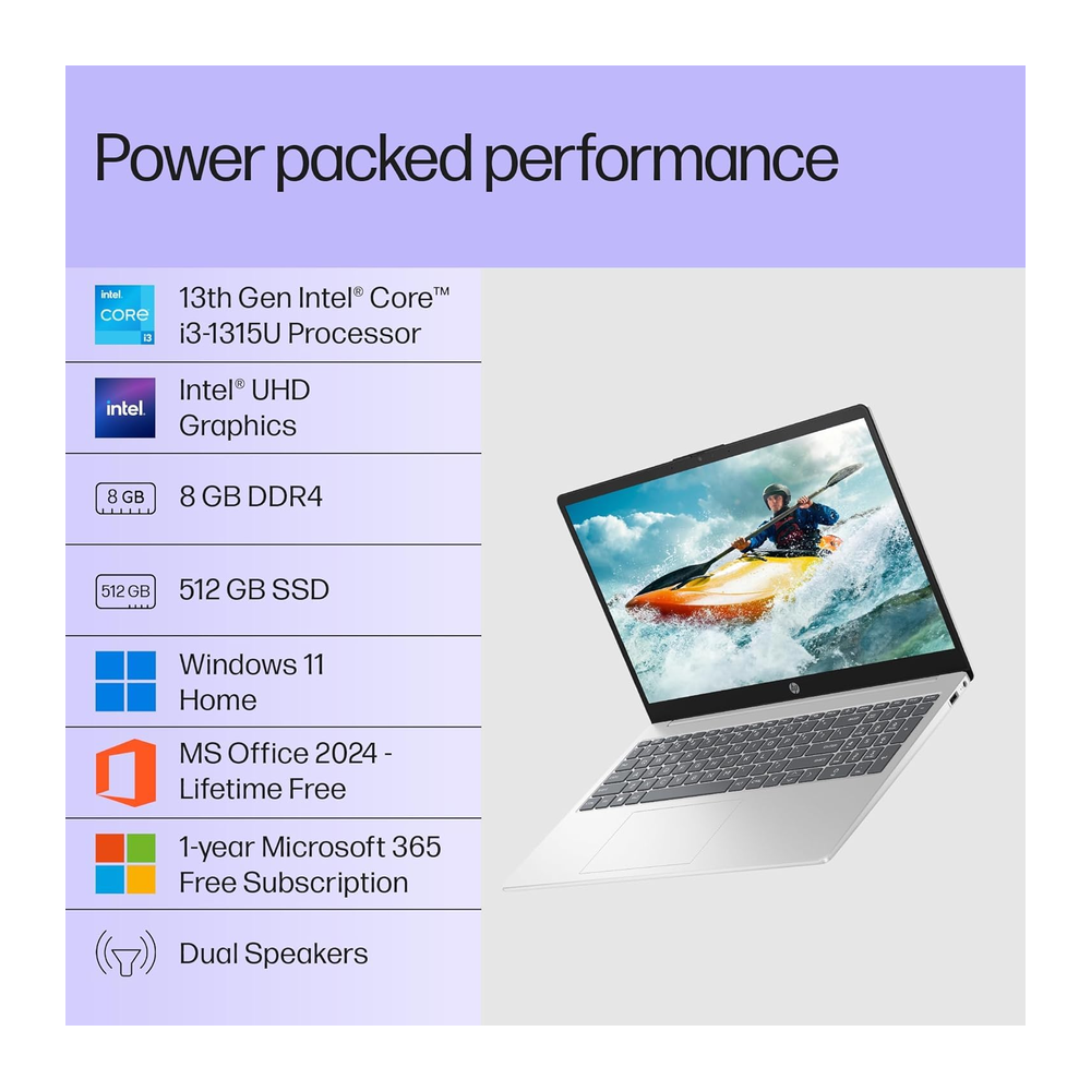 Get Like New HP 15 Thin and Light Laptop with 15.6-inch FHD display, Intel Core i3, 512GB SSD, and silver finish.
