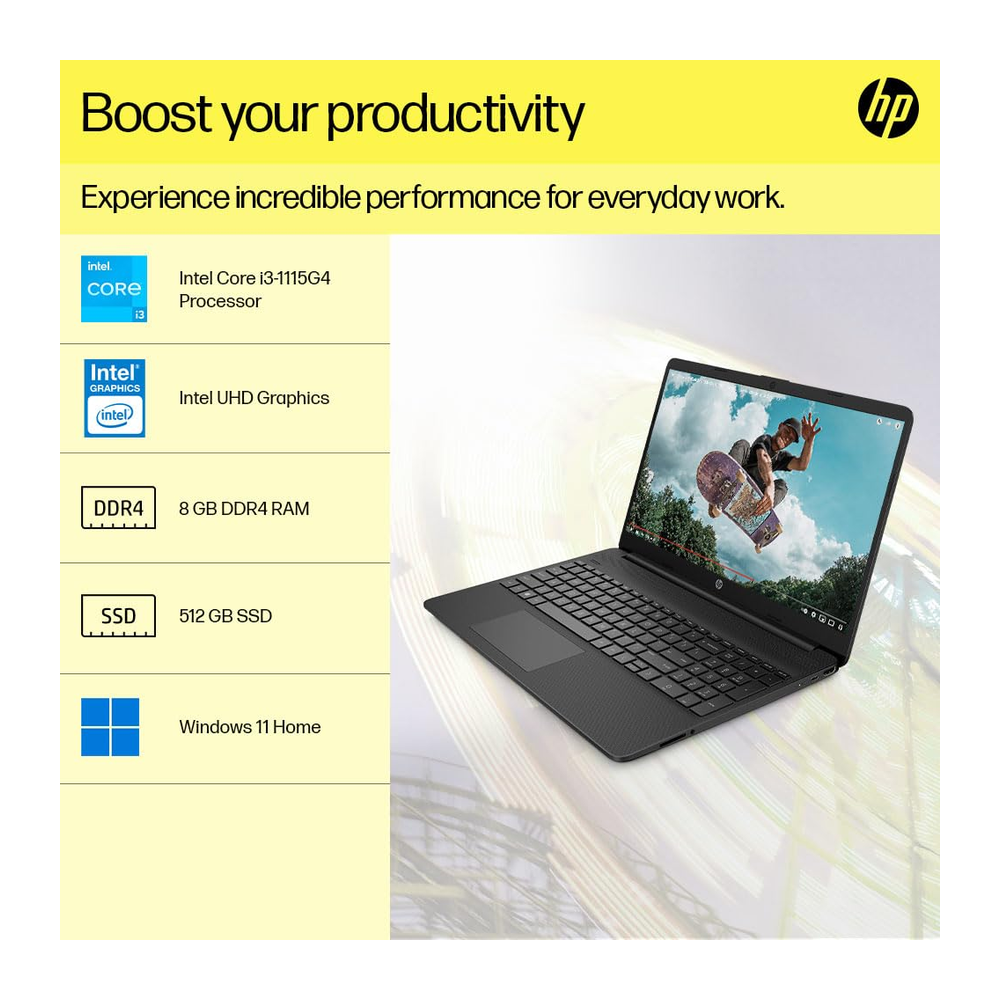 Get Like New HP 15s laptop with 15.6-inch HD display, Intel Core i3, 8GB RAM, 512GB SSD, black, unboxed.