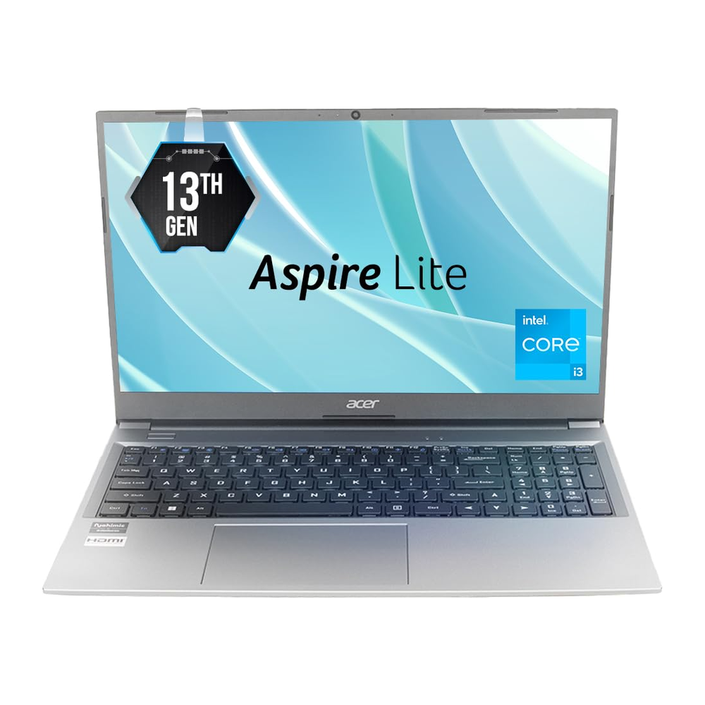 Unboxed Acer Aspire Lite laptop in steel grey with 15.6" FHD display, 13th Gen Intel Core i3, 16GB RAM, 512GB SSD, metal body.