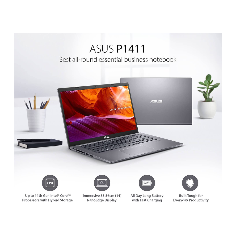 Get Like New ASUS ExpertBook P1411 business laptop with 14-inch HD anti-glare display, Intel Core i3, 4GB RAM, and 256GB SSD.