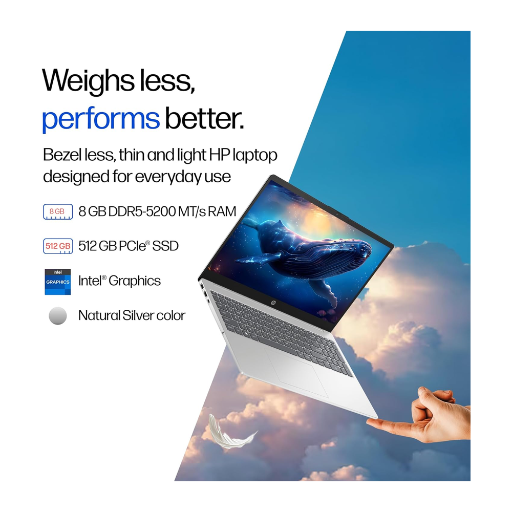 Unboxed HP 15 Thin and Light Laptop with 15.6-inch FHD display, Intel Core 3, 8GB DDR5 RAM, 512GB SSD, silver color.