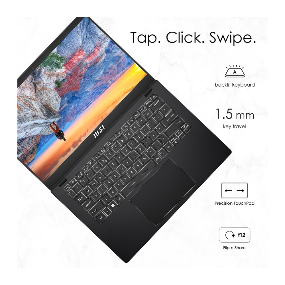 Unboxed MSI Modern 14 business laptop in black with 14-inch FHD display, Intel Core i3, 8GB RAM, 512GB SSD, Windows 11.