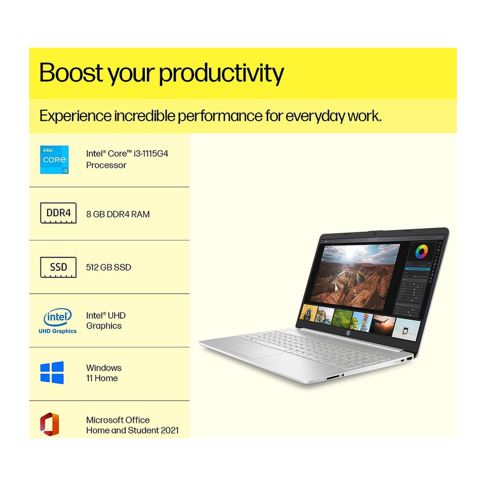 Unboxed HP 15s laptop with 15.6" FHD display, Intel Core i3, 8GB RAM, 512GB SSD, natural silver finish, Windows 11.