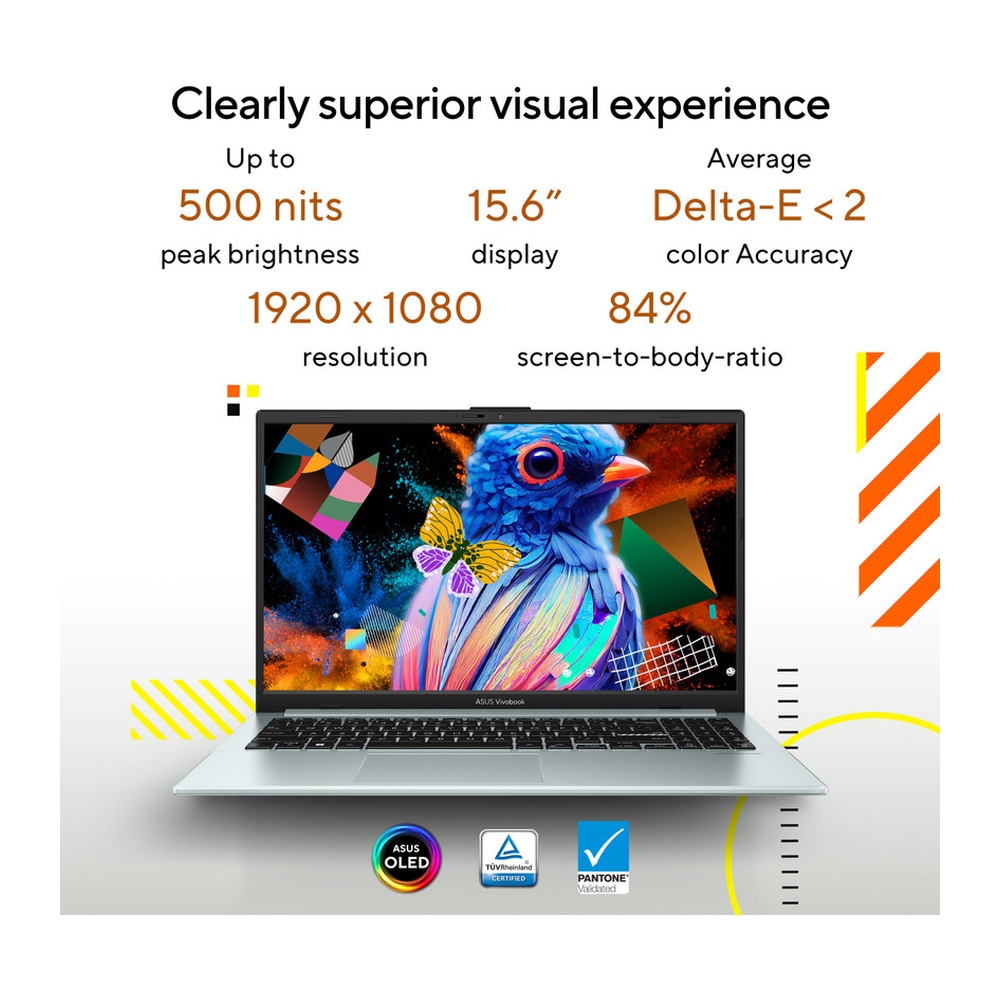 Unboxed ASUS Vivobook Go 15 OLED laptop with 15.6-inch FHD OLED display, AMD Ryzen 3, 8GB RAM, 512GB SSD, backlit keyboard.