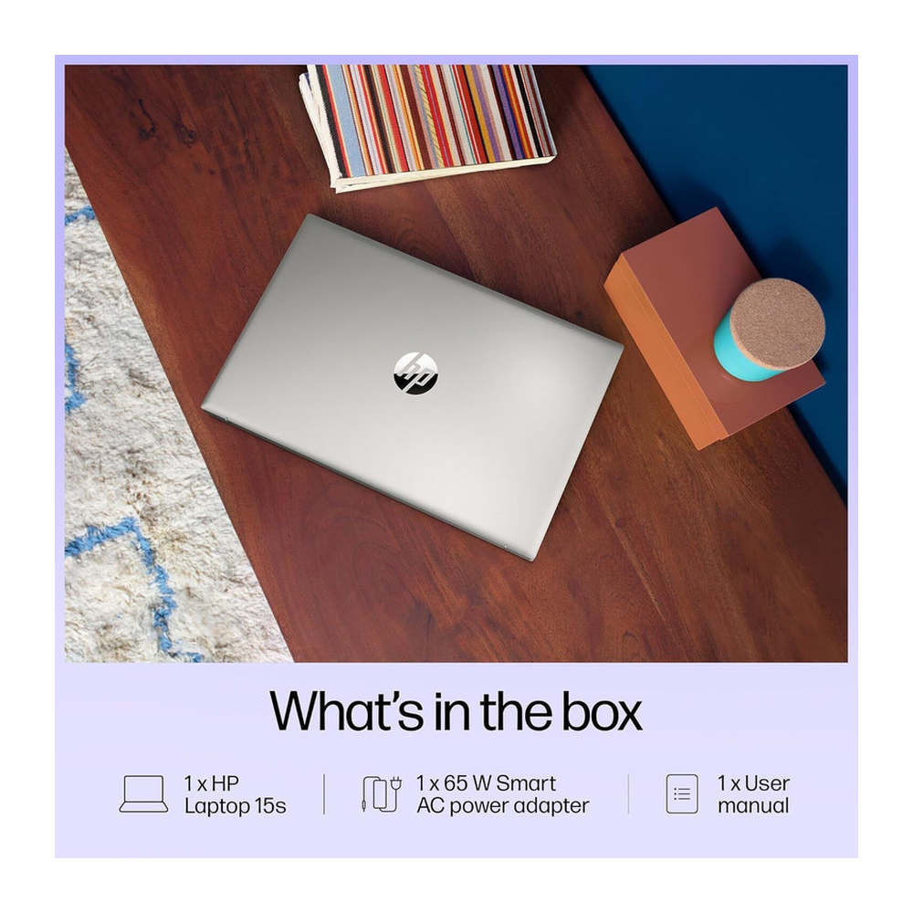 Unboxed HP 15s Thin and Light Laptop with 15.6" FHD display, Intel Core i3, 8GB RAM, 512GB SSD, running Windows 11.