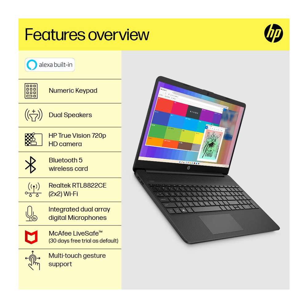 Get Like New HP 15s unboxed laptop with 11th Gen Intel Core i3, 8GB RAM, 512GB SSD, 15.6" HD display, Jet Black color.