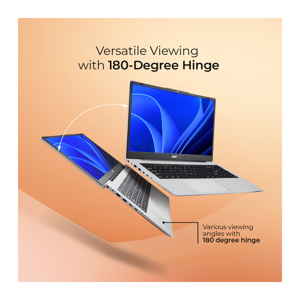 Unboxed Acer Aspire 3 laptop in pure silver with 15.6" FHD IPS display, AMD Ryzen 3, 8GB RAM, 512GB SSD, and 180° hinge.