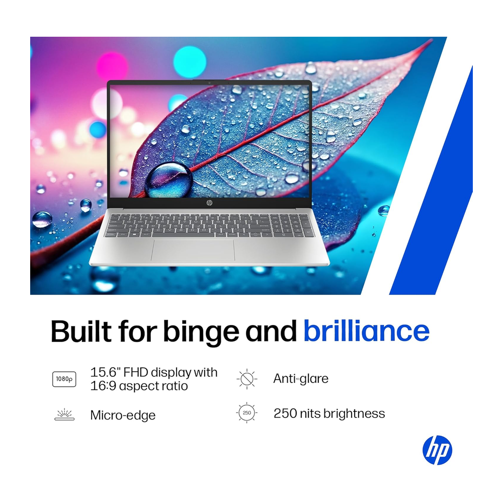 Unboxed HP 15 Thin and Light Laptop with AMD Ryzen 5, 8GB RAM, 512GB SSD, 15.6-inch FHD display, natural silver finish.