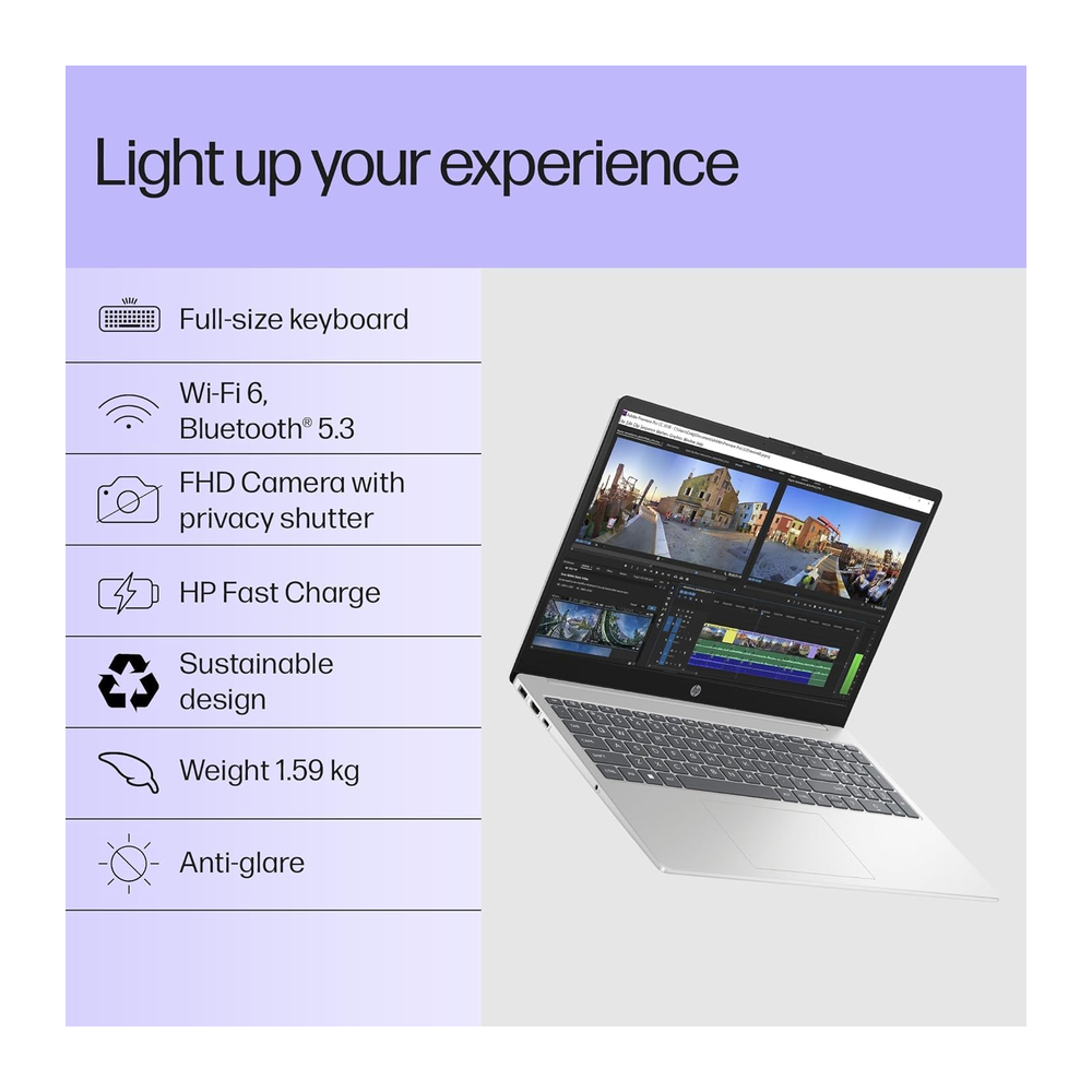 Unboxed Get Like New HP 15 thin laptop with 15.6-inch FHD display, silver finish, 13th Gen Intel Core i3, SSD, and Windows 11.