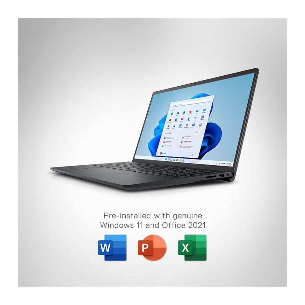 Unboxed Dell Inspiron 3515 laptop in carbon black with 15.6-inch FHD display, AMD Ryzen 3, 8GB RAM, and 256GB SSD.