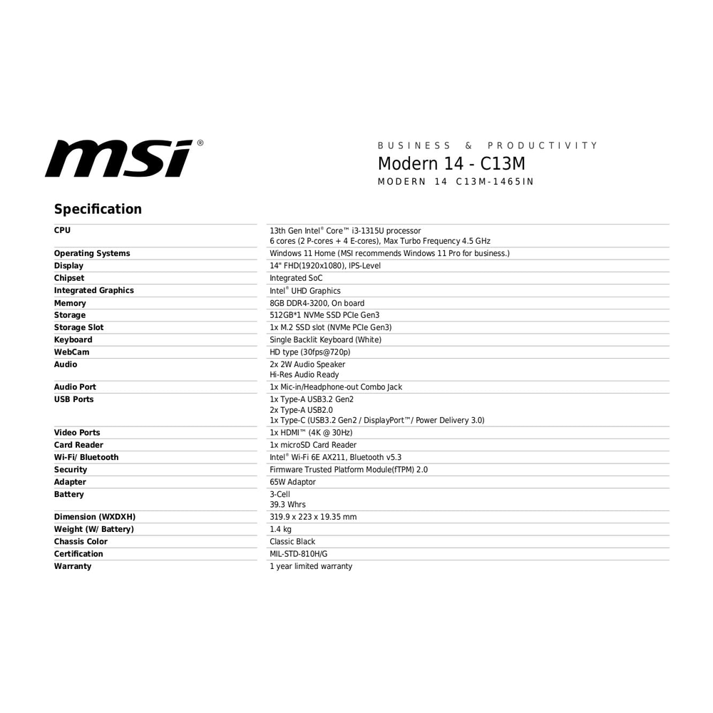 Unboxed MSI Modern 14 business laptop in classic black with 14-inch FHD display, Intel Core i3, 8GB RAM, 512GB SSD, Windows 11