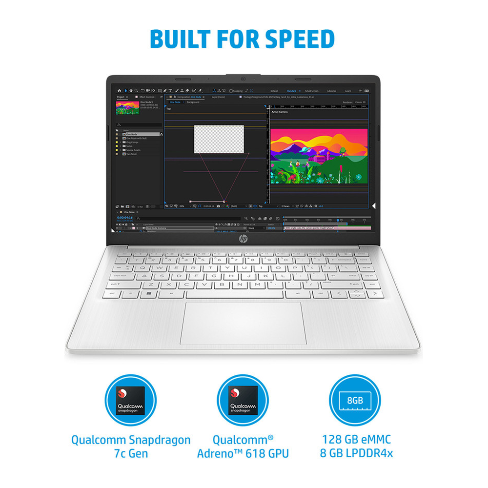 Unboxed Get Like New HP 14 thin and light laptop with 14-inch FHD display, Snapdragon 7c, 8GB RAM, 128GB eMMC in silver.