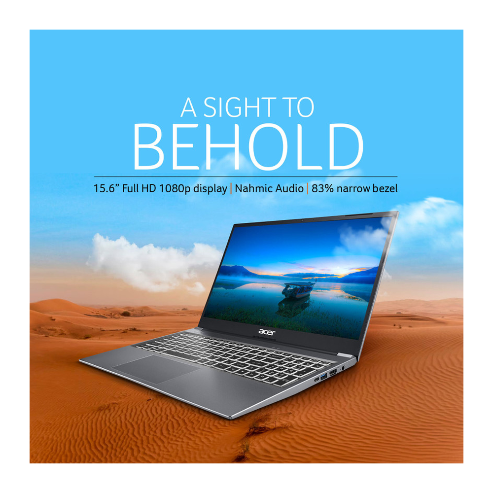 Unboxed Acer Aspire Lite laptop in steel grey with 15.6-inch FHD display, AMD Ryzen 3, 8GB RAM, 512GB SSD, metal body.