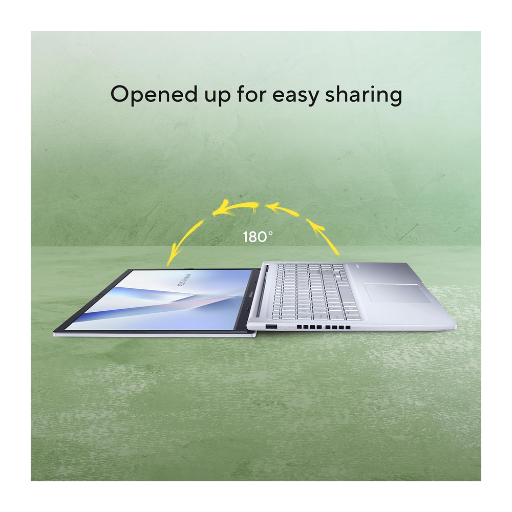 Unboxed ASUS Vivobook 15 (2026) laptop in cool silver showing keyboard and 15.6" FHD display with AMD Ryzen 5 and fingerprint sensor.