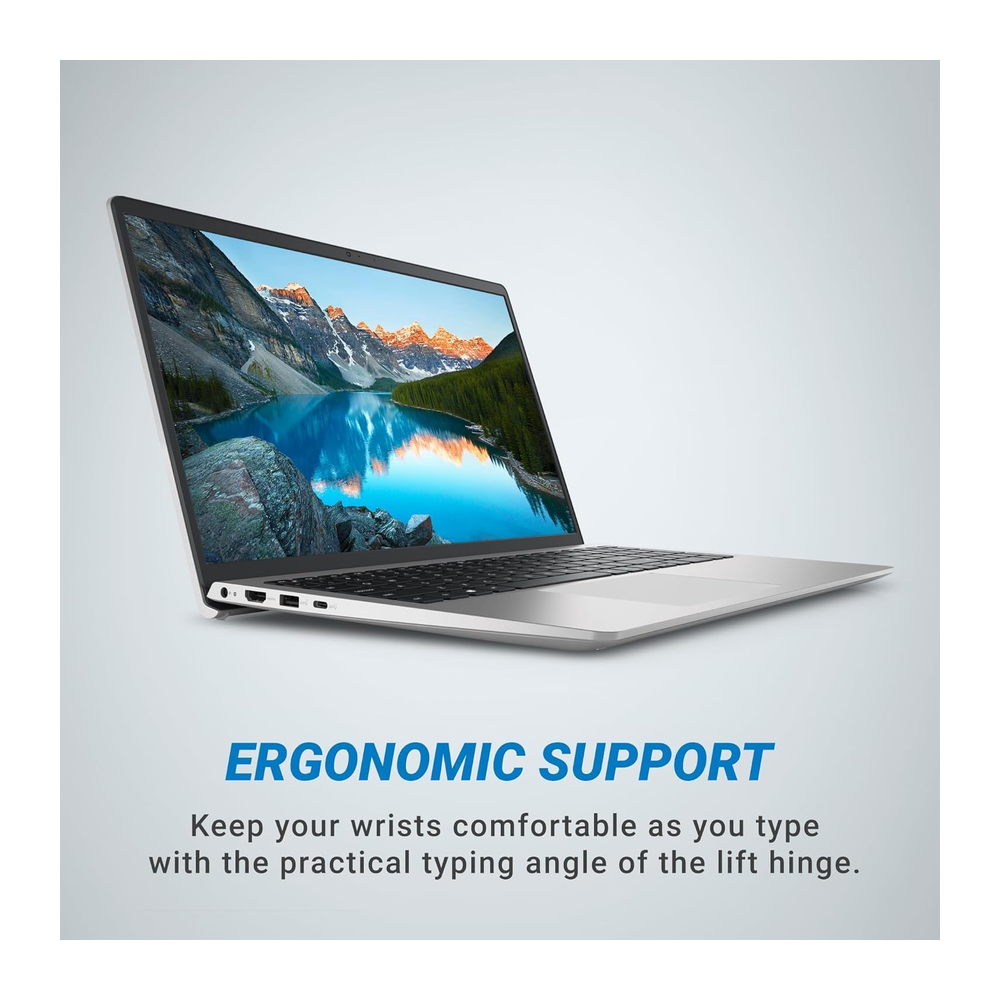 Unboxed Dell 15 laptop with AMD Ryzen 5, 16GB RAM, 512GB SSD, 15.6-inch FHD screen, platinum silver finish, running Windows 11.