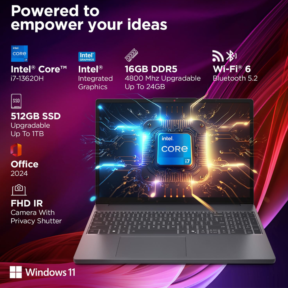 Lenovo Smartchoice IdeaPad Slim 3 Laptop | 13th Gen Intel Core i7-13620H | 16GB RAM | 512GB SSD | 15.3" WUXGA IPS Display | Windows 11 | Office 2024 | Backlit Keyboard | Metal Top Cover | 83K100CJIN/S1IN - Get Like New